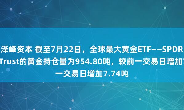 泽峰资本 截至7月22日，全球最大黄金ETF——SPDR Gold Trust的黄金持仓量为954.80吨，较前一交易日增加7.74吨